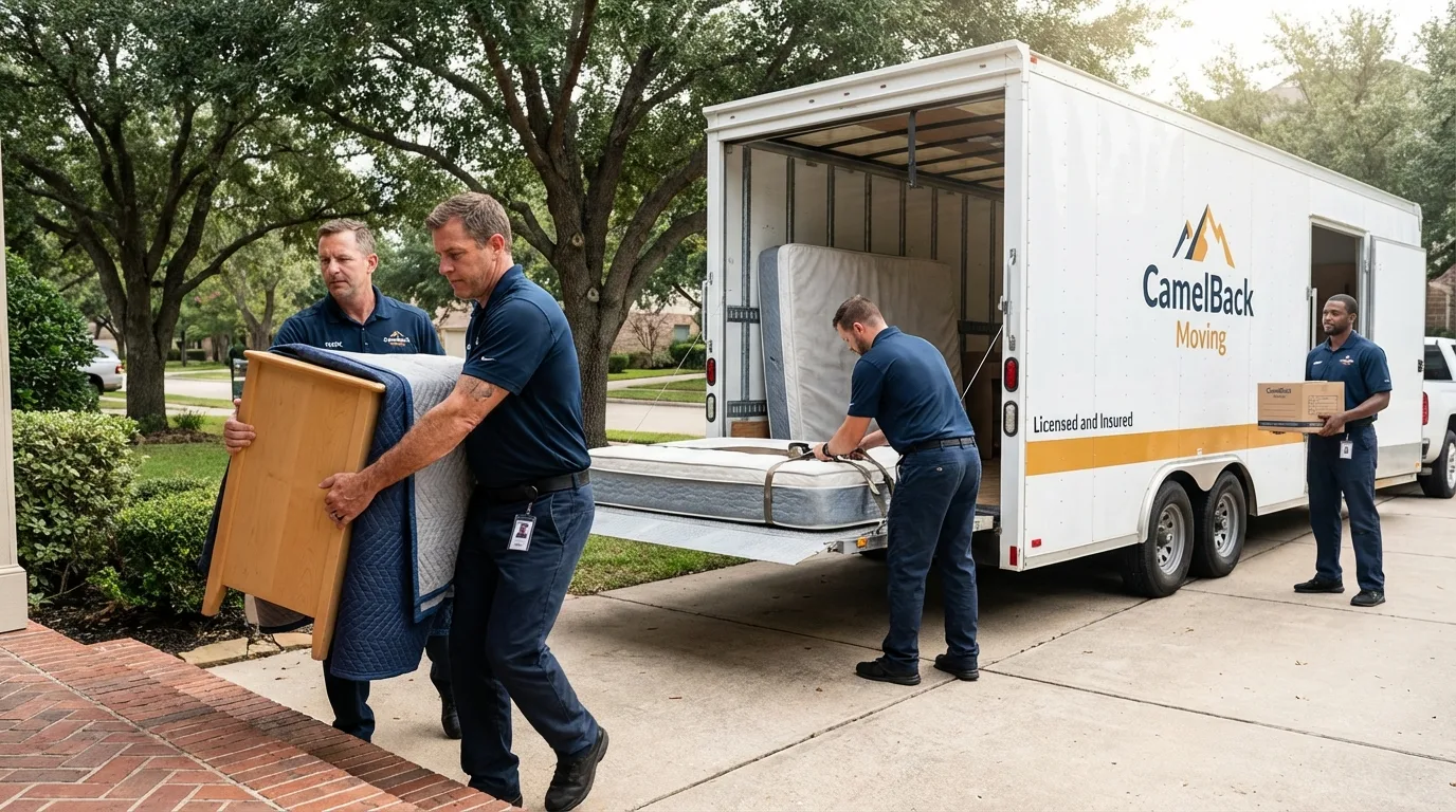 Crew loading residential truck for cross-state move from La Cygne, KS