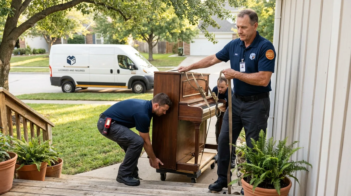 Licensed piano movers securing grand piano in La Cygne, KS