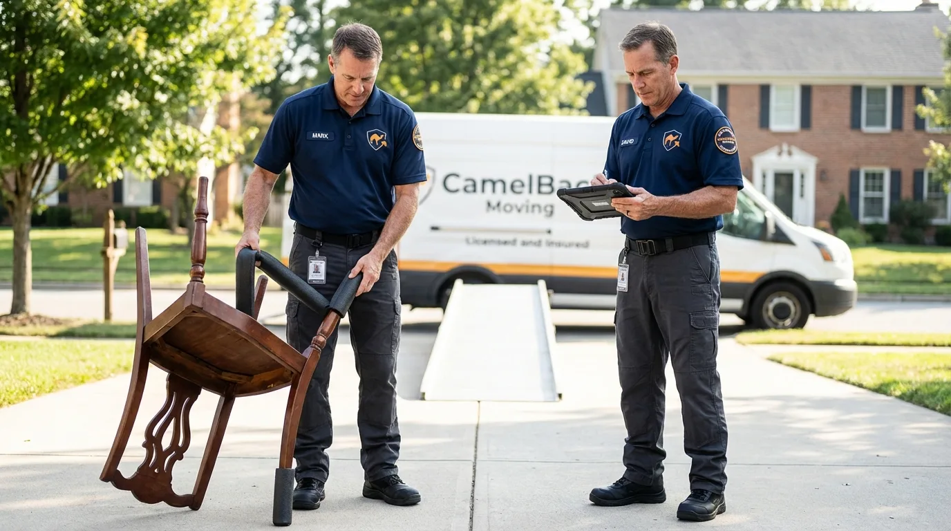 Movers inspecting furniture for damage prevention before loading in La Cygne, KS