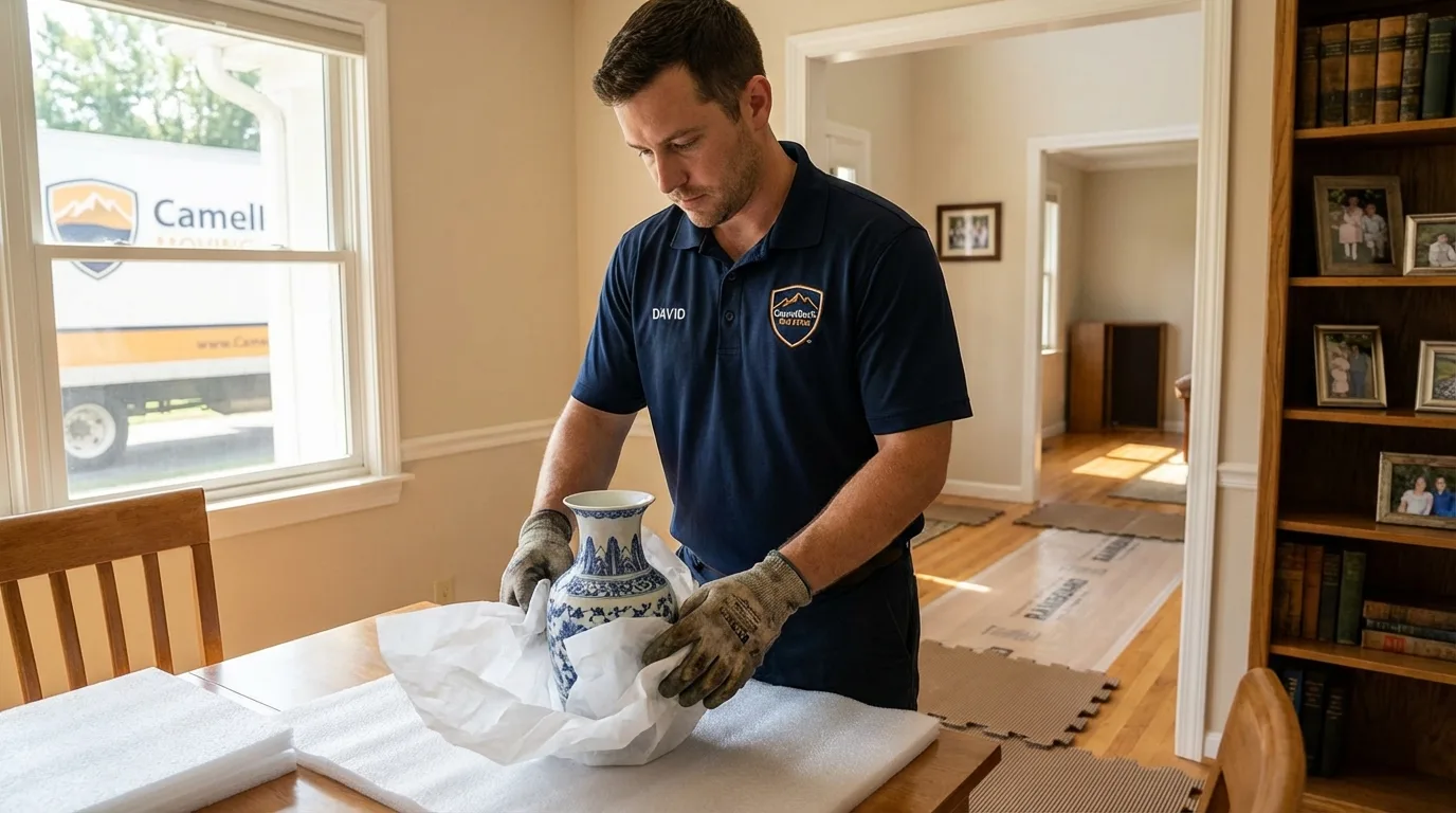 Professional crew carefully wrapping antique vase for senior downsizing move in La Cygne, KS